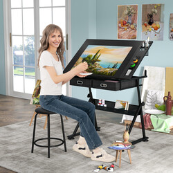 Höj- och sänkbart ritbord med pall, lutbar bordsskiva och förvaringslådor i svart