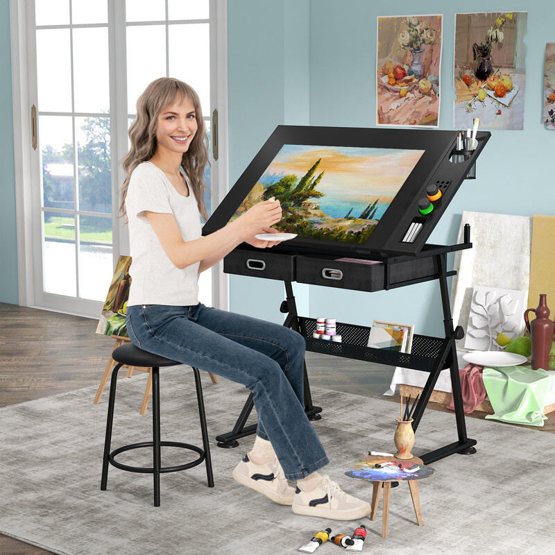 Höj- och sänkbart ritbord med pall, lutbar bordsskiva och förvaringslådor i svart