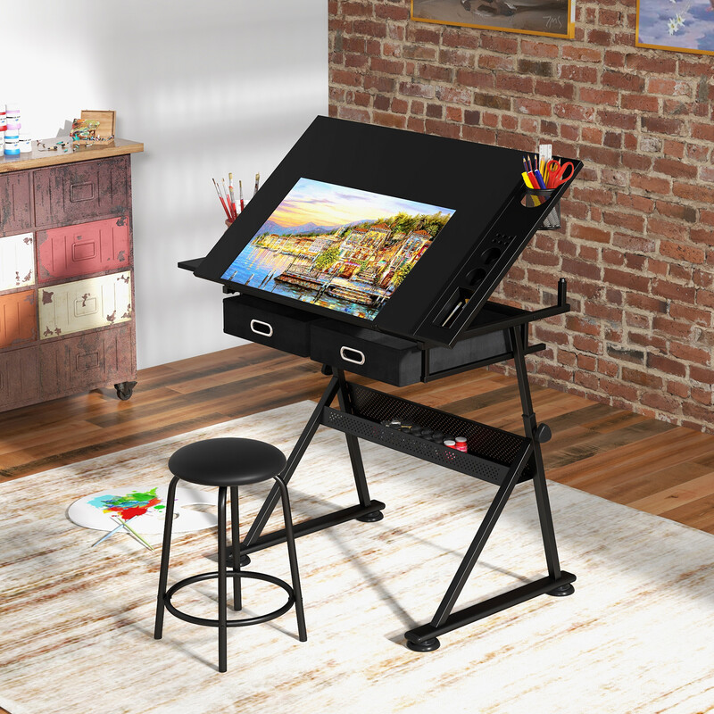 Höj- och sänkbart ritbord med pall, lutbar bordsskiva och förvaringslådor i svart