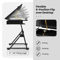Höj- och sänkbart ritbord med pall, lutbar bordsskiva och förvaringslådor i svart