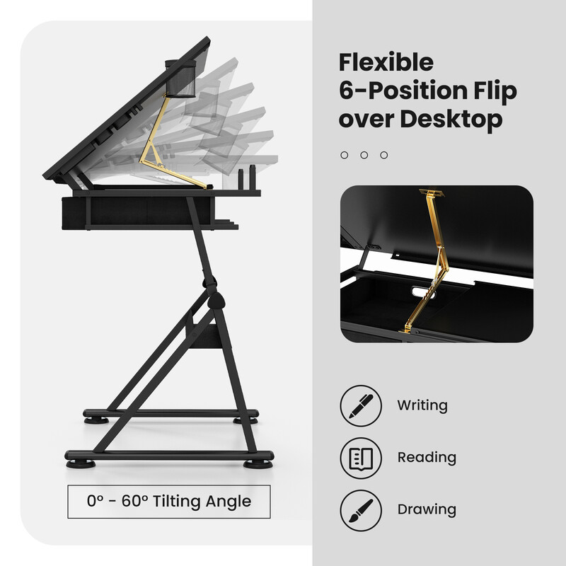 Höj- och sänkbart ritbord med pall, lutbar bordsskiva och förvaringslådor i svart