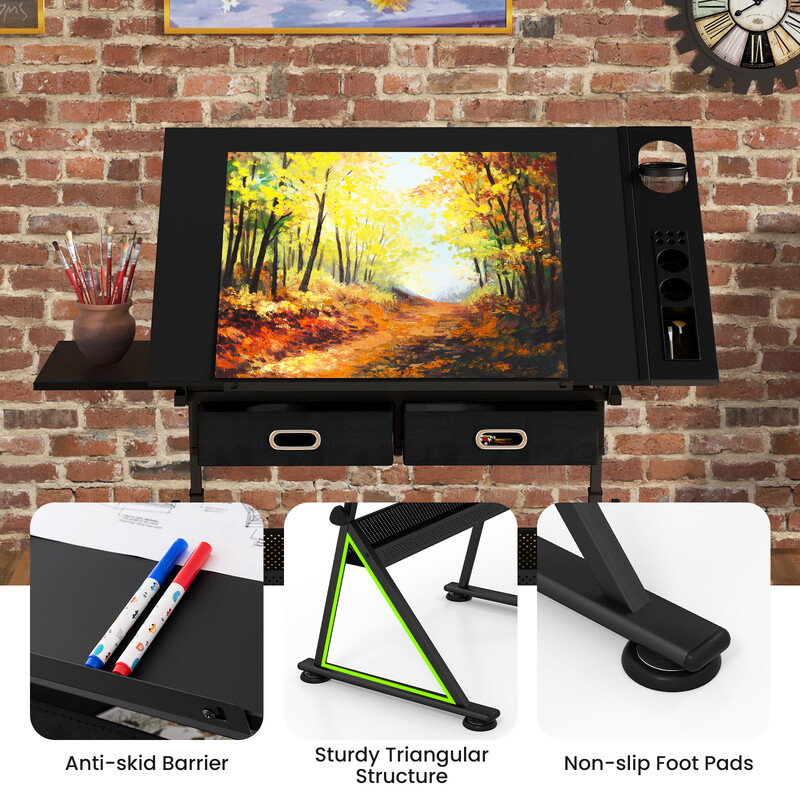 Höj- och sänkbart ritbord med pall, lutbar bordsskiva och förvaringslådor i svart