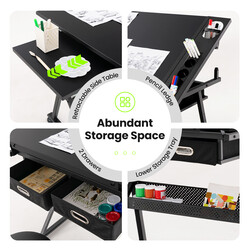Höj- och sänkbart ritbord med pall, lutbar bordsskiva och förvaringslådor i svart