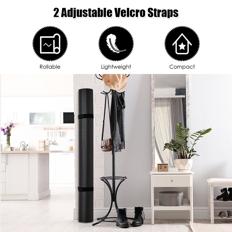 Yogamatta med dubbelsidigt halkfritt design och justerbara kardborreband - svart