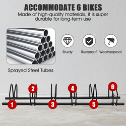 Cykelställ för sex cyklar med robust stålkonstruktion och väderbeständig ytbehandling svart