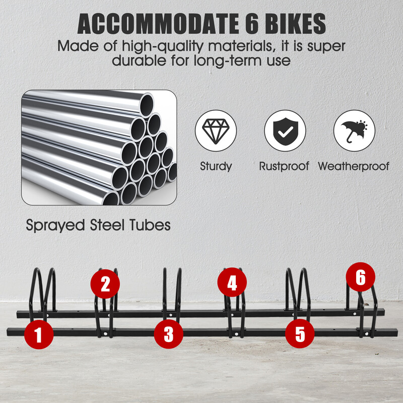 Cykelställ för sex cyklar med robust stålkonstruktion och väderbeständig ytbehandling svart