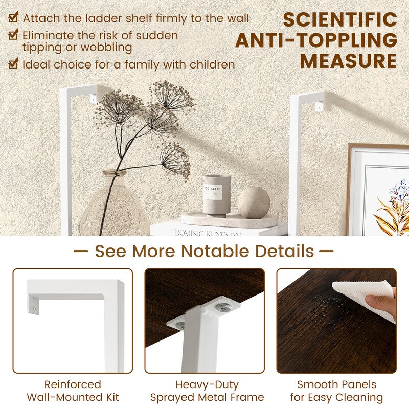 Steghylla med fem nivåer och metallram i brunt för väggmontering 180 cm