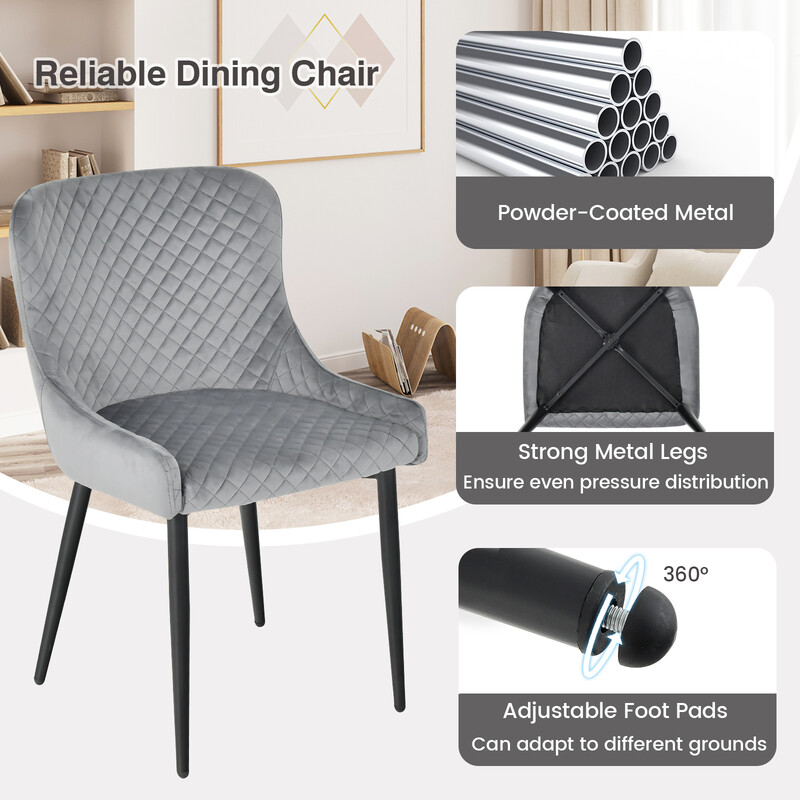 2-pack matstolar med ryggstöd och metallben i grå sammet