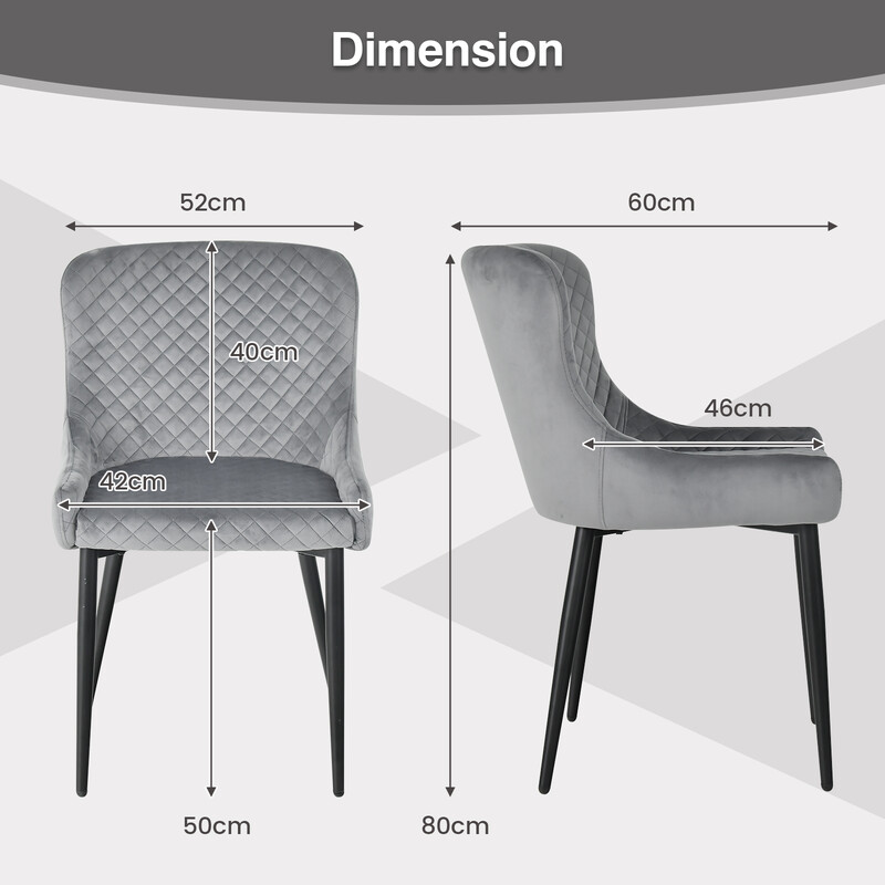 2-pack matstolar med ryggstöd och metallben i grå sammet