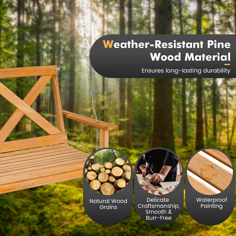 Tvåsitsig gungstol i naturligt furuträ med justerbara kedjor, maxbelastning 240 kg, 134 cm lång