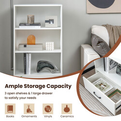 Bokhylla med låda 4 nivåer vit träförvaring 120 cm stabil och modern design