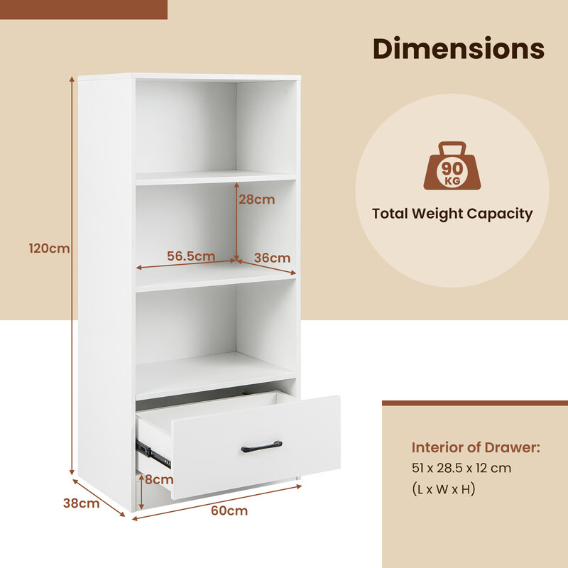 Bokhylla med låda 4 nivåer vit träförvaring 120 cm stabil och modern design