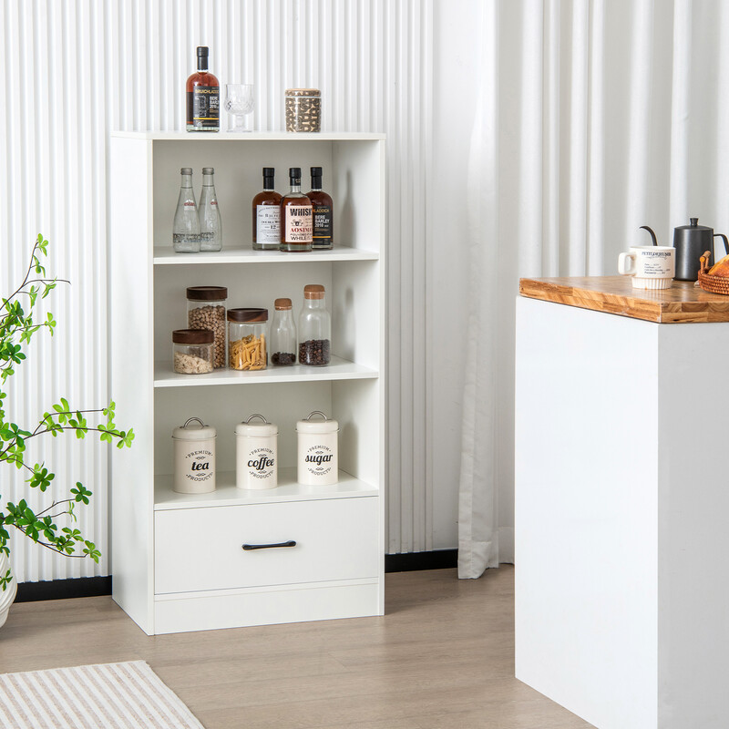 Bokhylla med låda 4 nivåer vit träförvaring 120 cm stabil och modern design