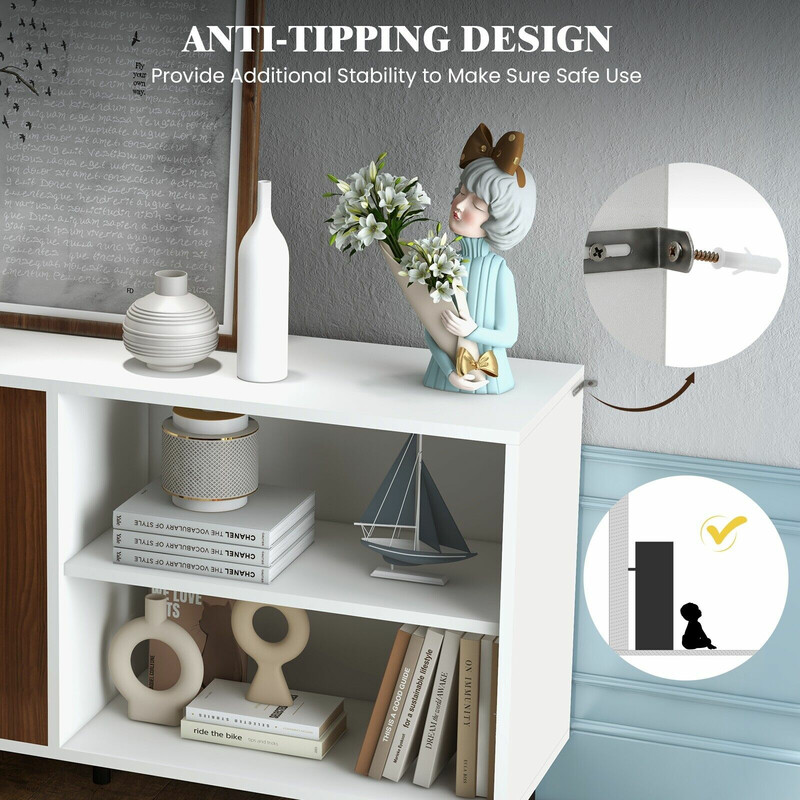 Sidoskåp i valnöt med skåp och öppna fack, 148 x 40 x 75 cm