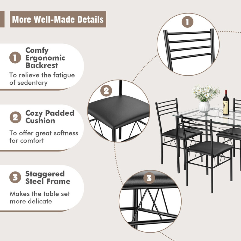 Matgrupp i 5 delar med glasbord och stoppade stolar i svart