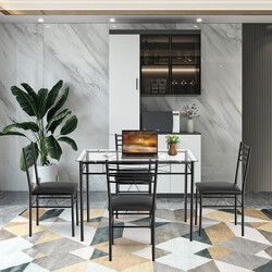 Matgrupp i 5 delar med glasbord och stoppade stolar i svart