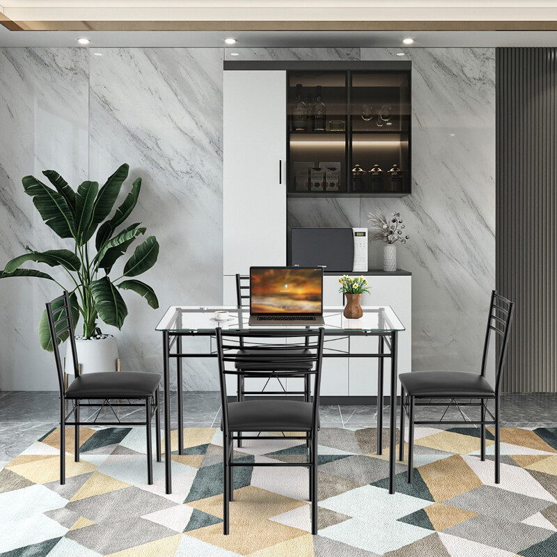 Matgrupp i 5 delar med glasbord och stoppade stolar i svart