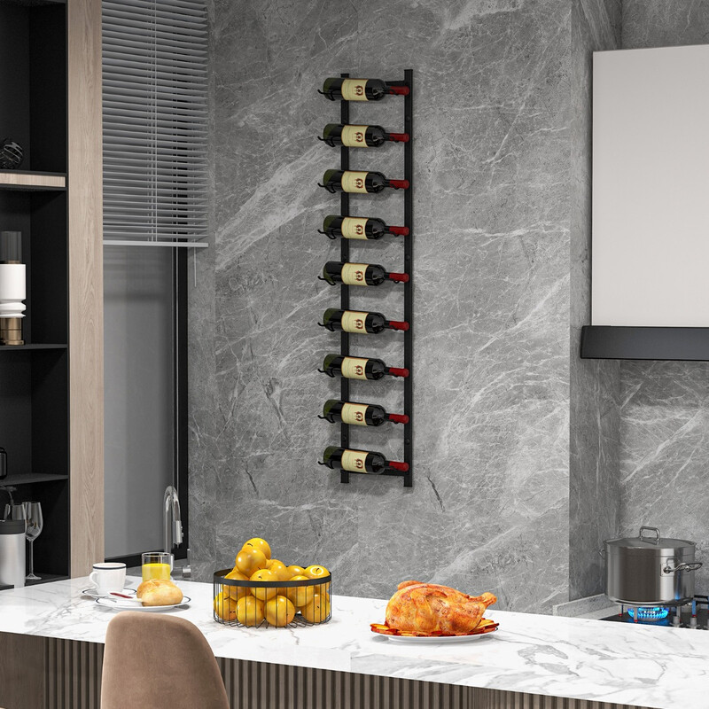 Vinhylla väggmonterad för 9 flaskor i svart metall 22 x 13,5 x 109 cm