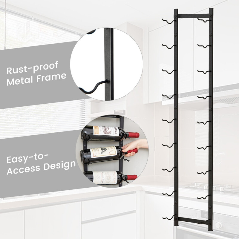 Vinhylla väggmonterad för 9 flaskor i svart metall 22 x 13,5 x 109 cm