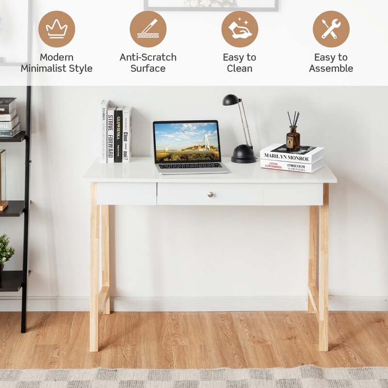 Skrivbord med låda i naturlig MDF och gummiträ för hem och kontor