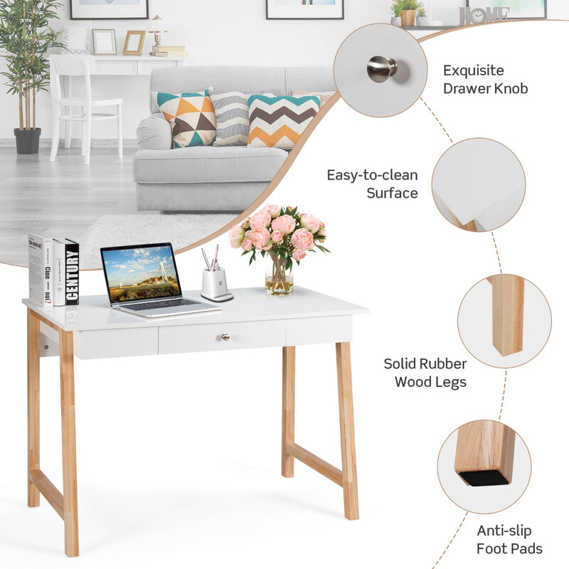 Skrivbord med låda i naturlig MDF och gummiträ för hem och kontor