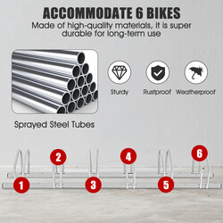 Cykelställ för sex cyklar i stål med väderbeständig yta, silverfärgad design