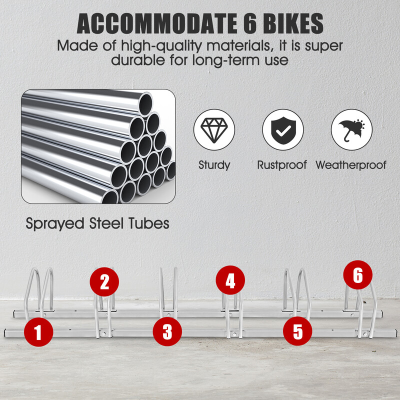 Cykelställ för sex cyklar i stål med väderbeständig yta, silverfärgad design