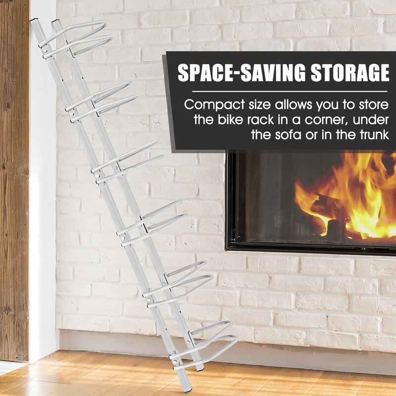 Cykelställ för sex cyklar i stål med väderbeständig yta, silverfärgad design