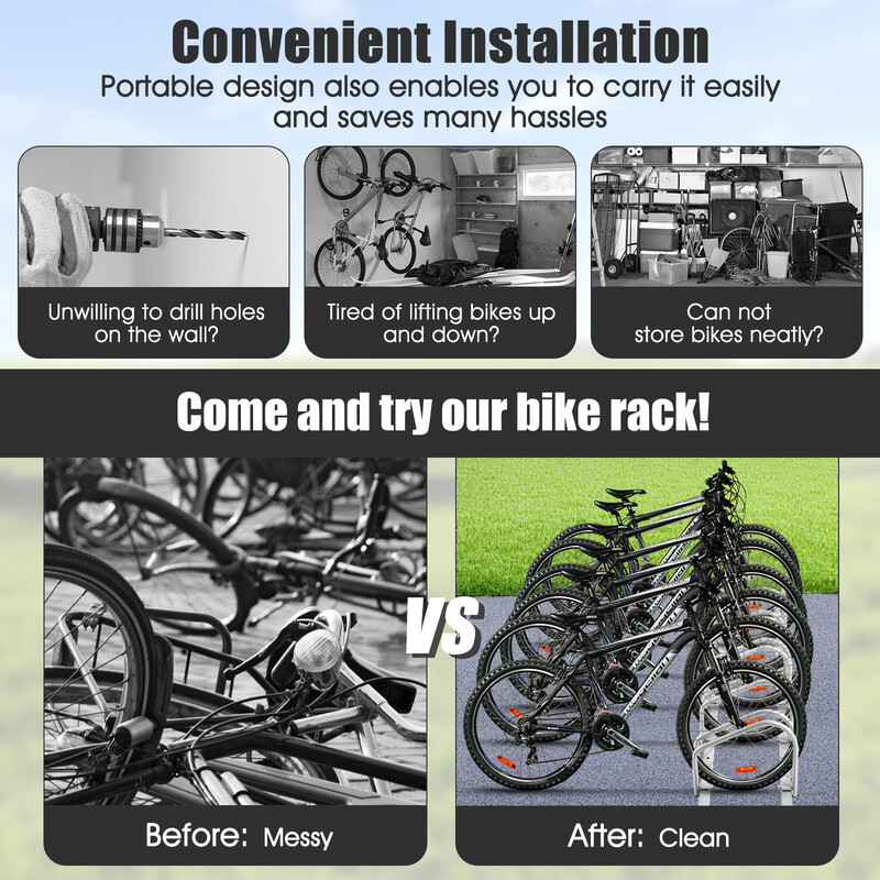 Cykelställ för sex cyklar i stål med väderbeständig yta, silverfärgad design