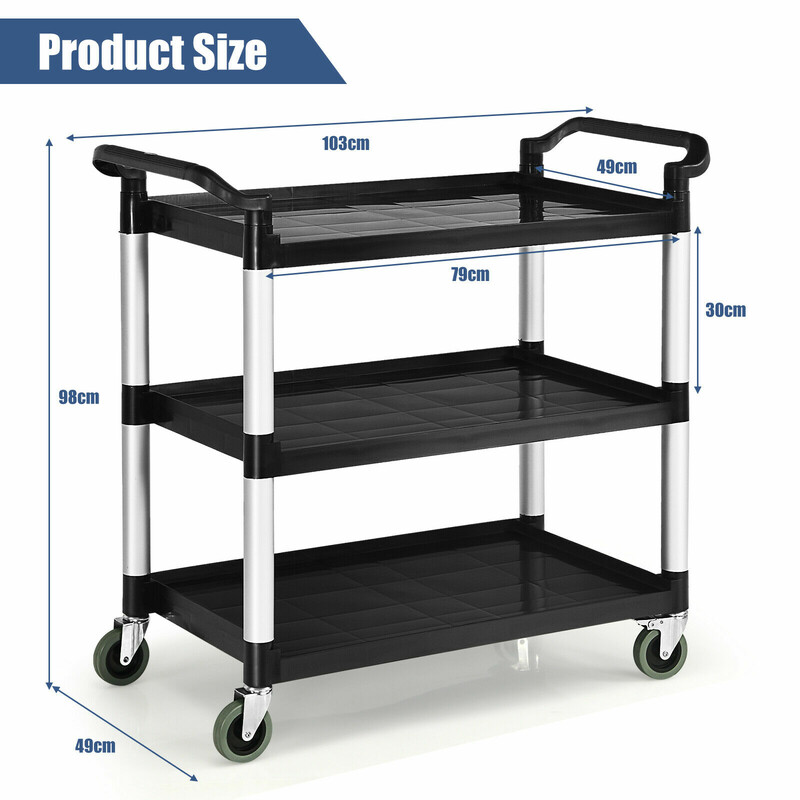 Robust trevånings servicevagn med humaniserade handtag, mycket förvaring och flexibla hjul med bromssystem