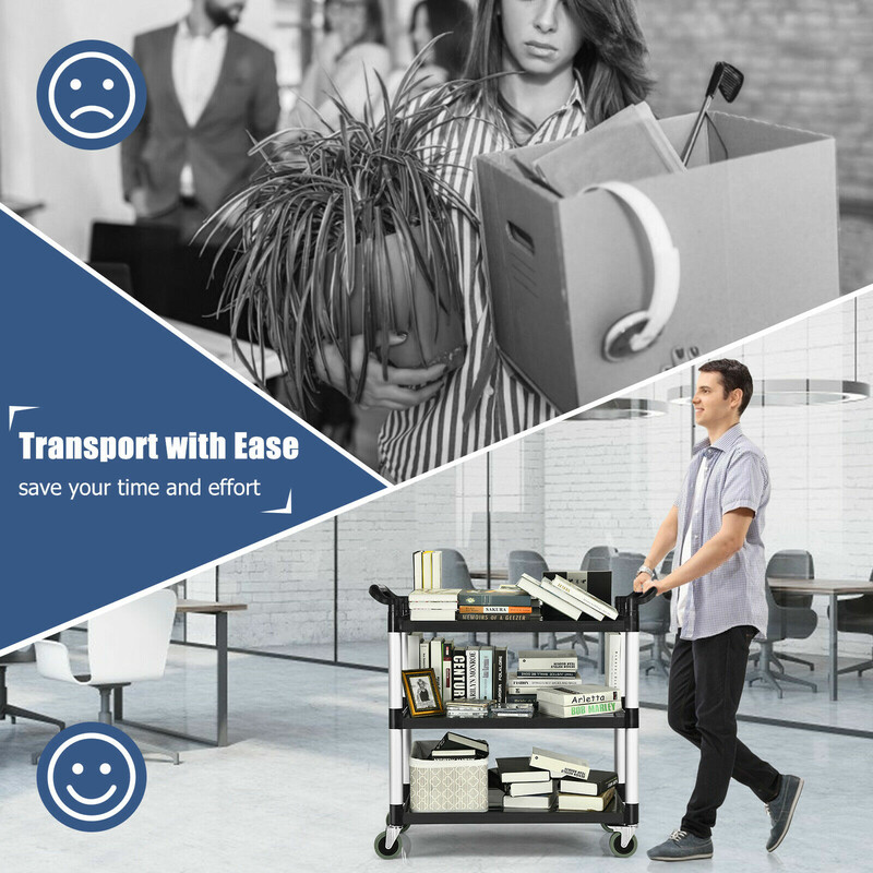 Robust trevånings servicevagn med humaniserade handtag, mycket förvaring och flexibla hjul med bromssystem