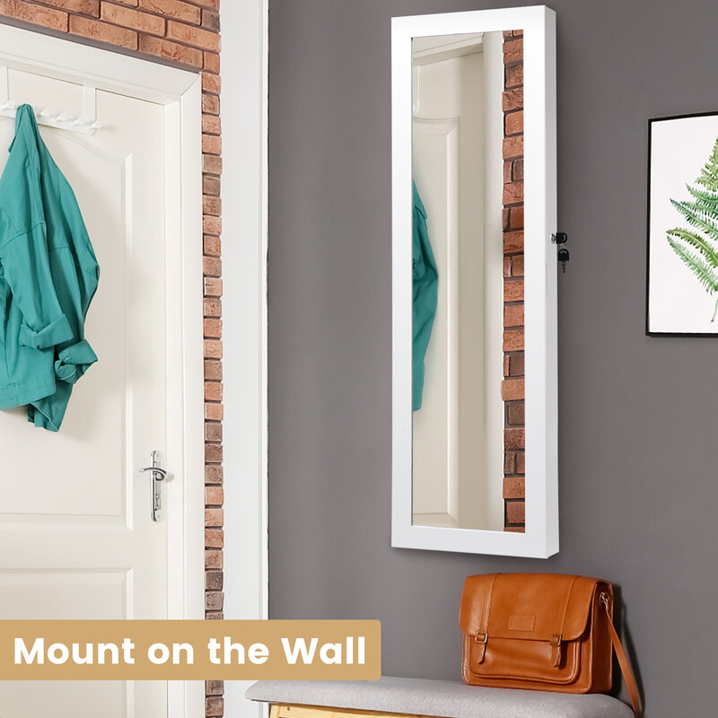 Smyckeskåp med spegel och LED-belysning för säker och elegant förvaring i vit MDF