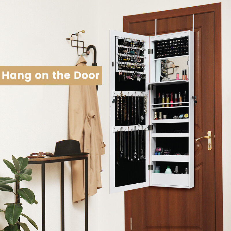 Smyckeskåp med spegel och LED-belysning för säker och elegant förvaring i vit MDF