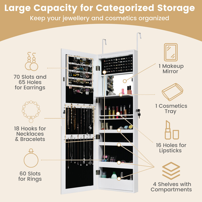 Smyckeskåp med spegel och LED-belysning för säker och elegant förvaring i vit MDF