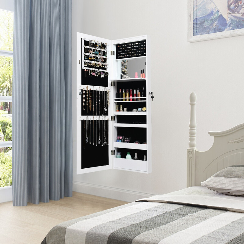 Smyckeskåp med spegel och LED-belysning för säker och elegant förvaring i vit MDF