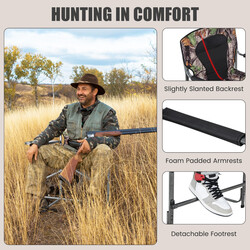Hopfällbar hög jaktstol med sidobord och kamouflagemönster, robust och bekväm, 150 kg kapacitet