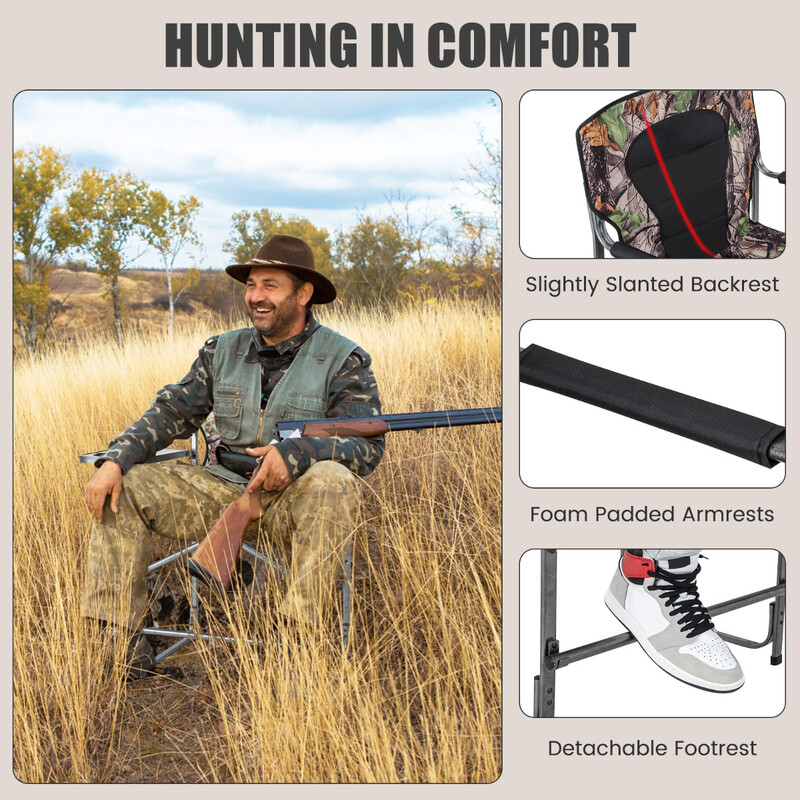 Hopfällbar hög jaktstol med sidobord och kamouflagemönster, robust och bekväm, 150 kg kapacitet