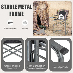 Hopfällbar hög jaktstol med sidobord och kamouflagemönster, robust och bekväm, 150 kg kapacitet