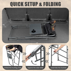 Hopfällbar hög jaktstol med sidobord och kamouflagemönster, robust och bekväm, 150 kg kapacitet