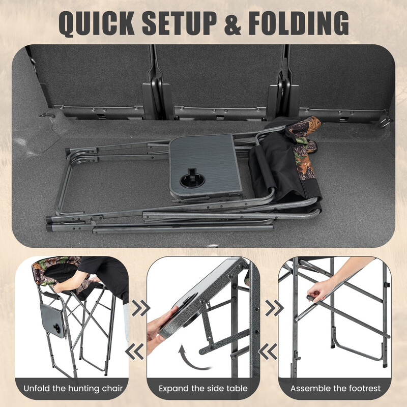 Hopfällbar hög jaktstol med sidobord och kamouflagemönster, robust och bekväm, 150 kg kapacitet
