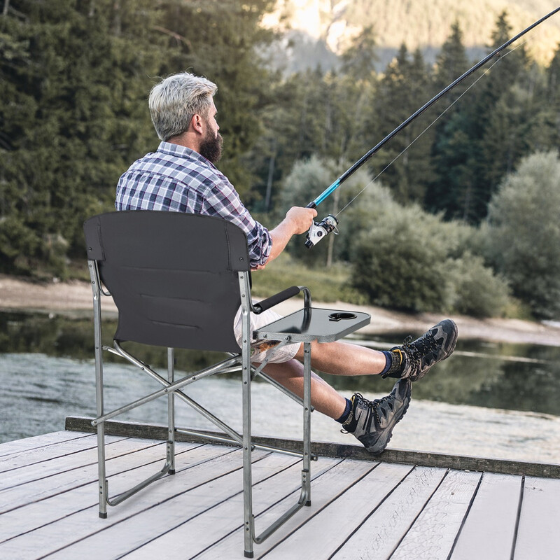 Hopfällbar hög jaktstol med sidobord och kamouflagemönster, robust och bekväm, 150 kg kapacitet