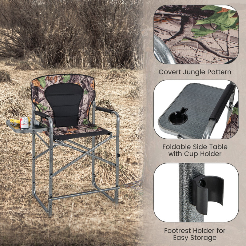 Hopfällbar hög jaktstol med sidobord och kamouflagemönster, robust och bekväm, 150 kg kapacitet
