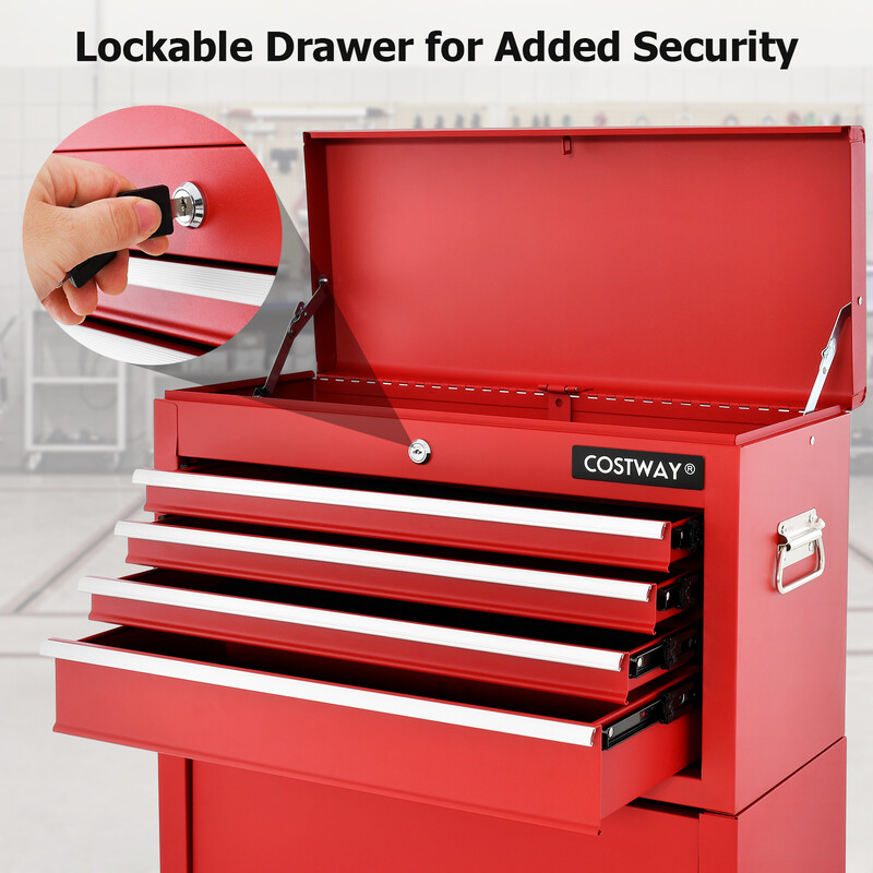 Låsbar 2-i-1 verktygslåda med hög kapacitet, 6 lådor och 4 hjul, röd/svart