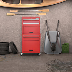 Låsbar 2-i-1 verktygslåda med hög kapacitet, 6 lådor och 4 hjul, röd/svart