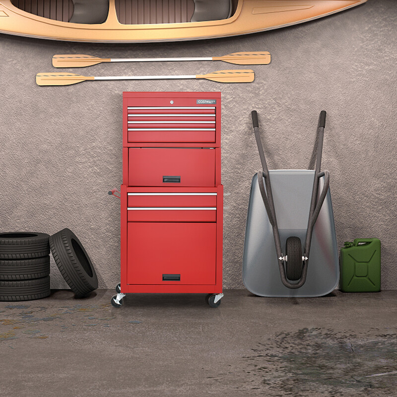 Låsbar 2-i-1 verktygslåda med hög kapacitet, 6 lådor och 4 hjul, röd/svart
