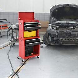 Låsbar 2-i-1 verktygslåda med hög kapacitet, 6 lådor och 4 hjul, röd/svart