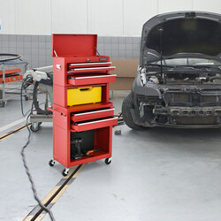 Låsbar 2-i-1 verktygslåda med hög kapacitet, 6 lådor och hjul, röd