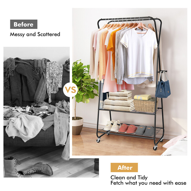 Klädställning på hjul med två klädstänger, hyllor och krokar för mångsidig förvaring