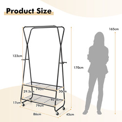 Klädställning på hjul med två klädstänger, hyllor och krokar för mångsidig förvaring