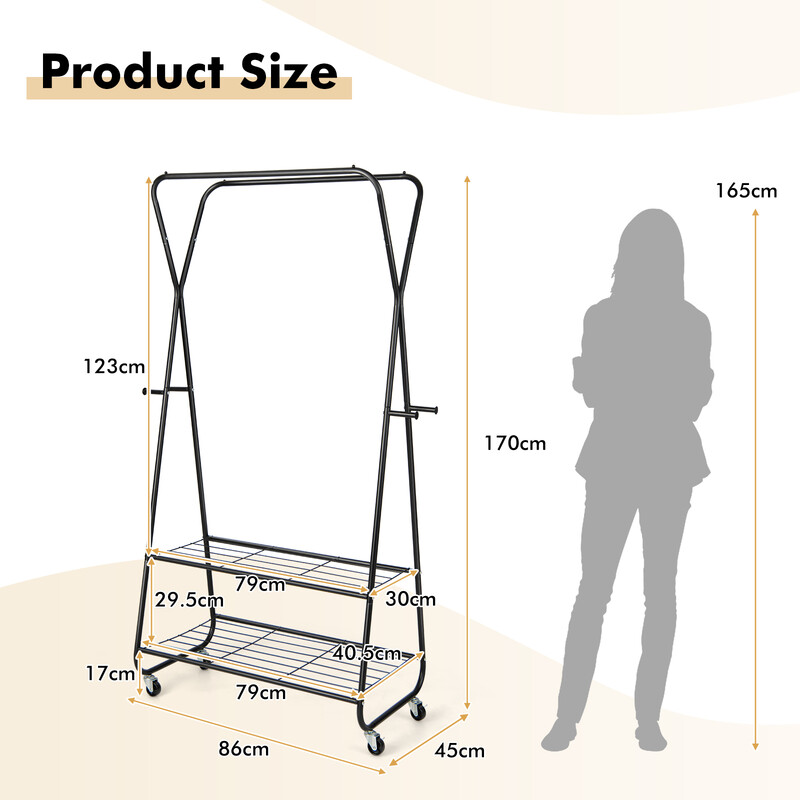 Klädställning på hjul med två klädstänger, hyllor och krokar för mångsidig förvaring